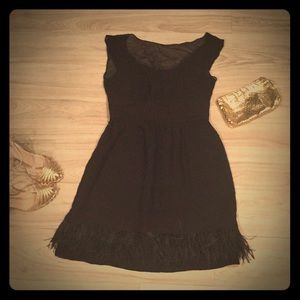 NWT Trina Turk Black silk Cocktail Dress with Feathers